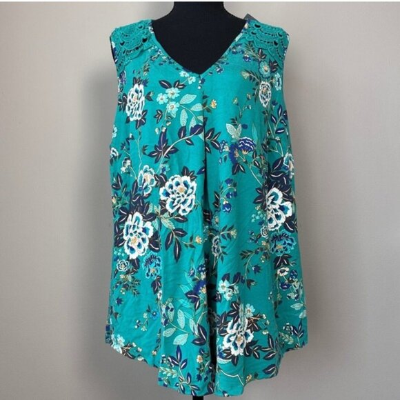 NWT Daniel Rainn Women Tank Top 1X Teal Floral Crochet‎ Flowy Cottage Romantic - Picture 1 of 7